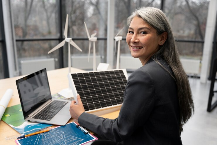 A imagem mostra uma mulher sorrindo e segurando um painel solar, com um ambiente de escritório ao fundo. Ela está acompanhada de um laptop e diagramas, sugerindo uma abordagem profissional e moderna em energias renováveis. O foco no painel solar destaca como é possível economizar com energia solar, enquanto a mulher representa um investimento consciente e inovador em soluções sustentáveis para o futuro.